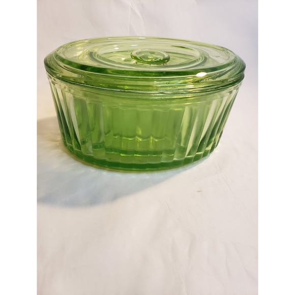 Uranium Glass Ribbed Covered Nesting Refrigerator Dishes Set of 3 - Picture 2 of 9